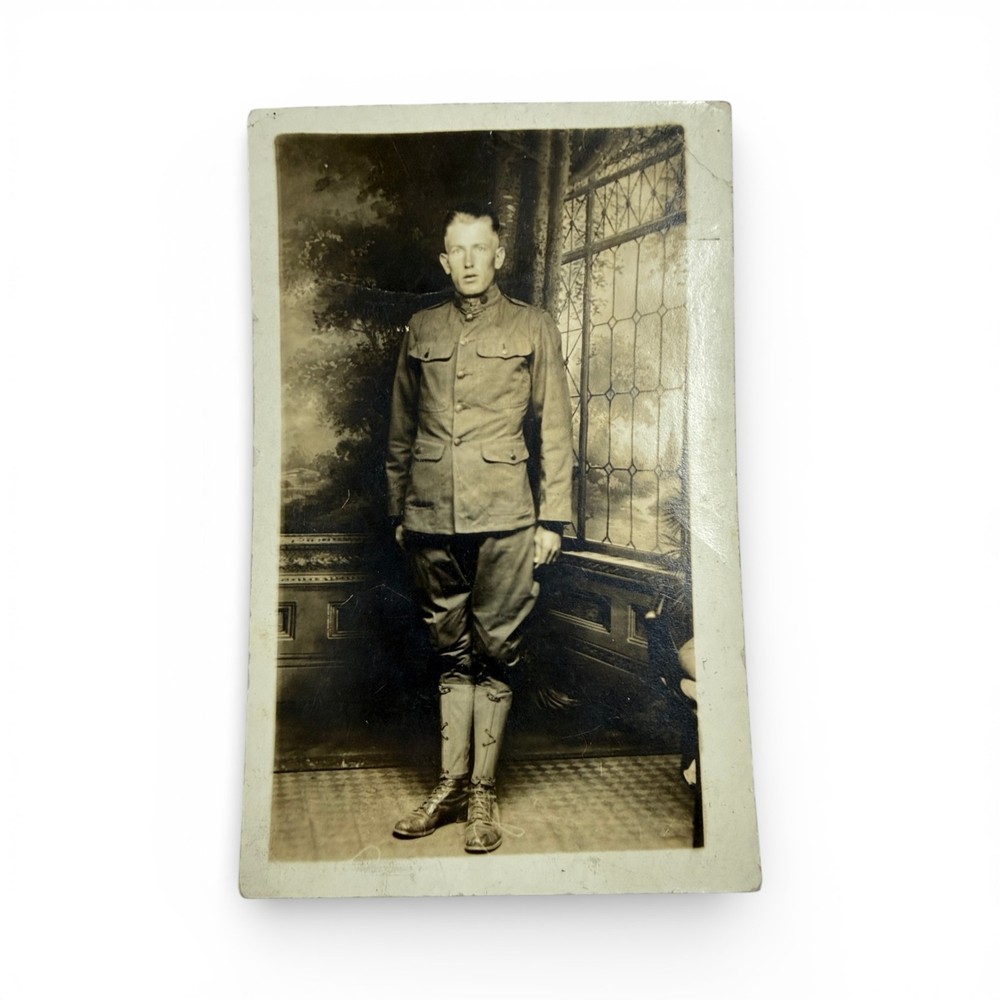 Vintage RPPC WWI US Army Soldier Studio Portrait Real Photo Postcard AZO