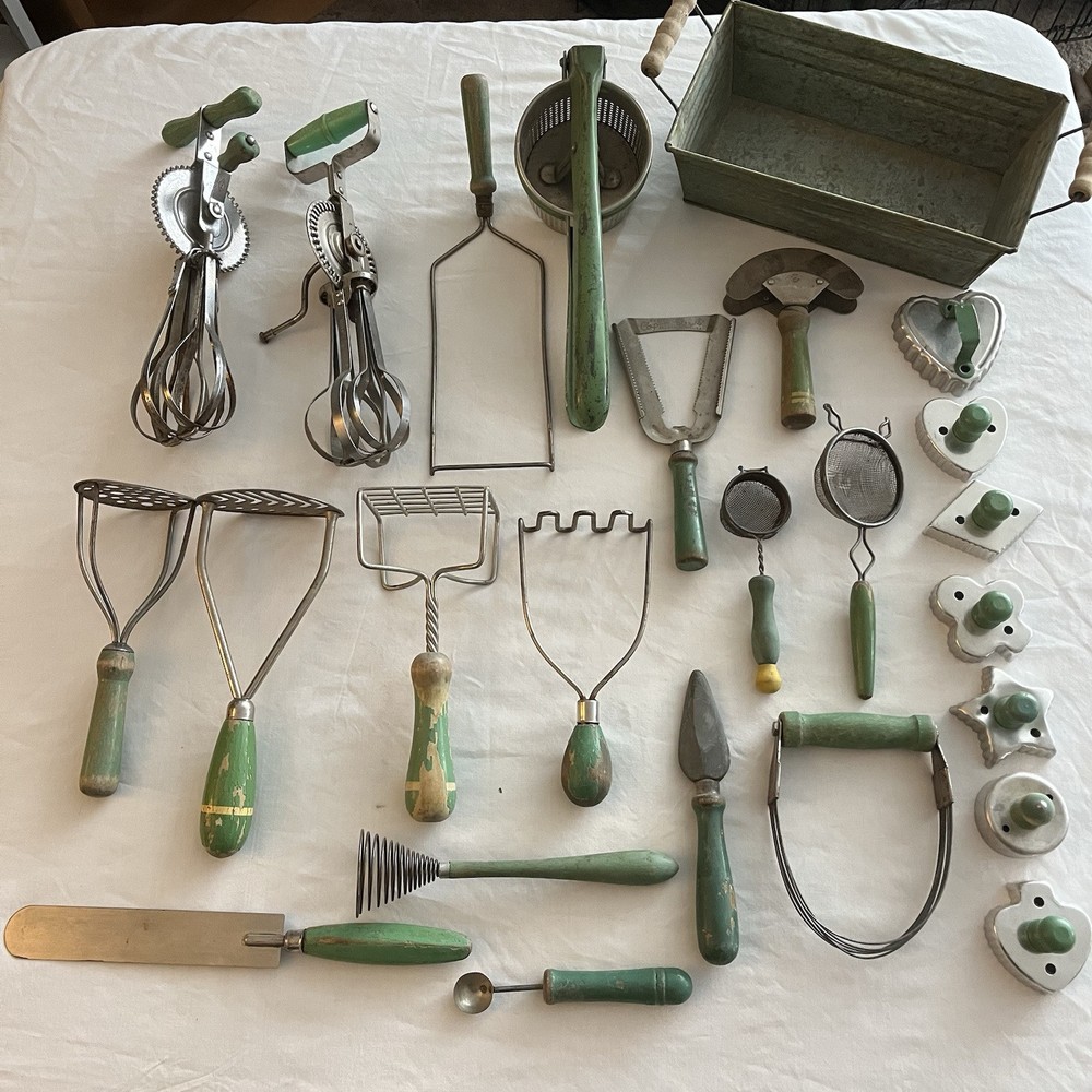 Vtg. Lot 25 Green Wood Handle Kitchen Cooking Utensils Tools 40s 50s Primitive