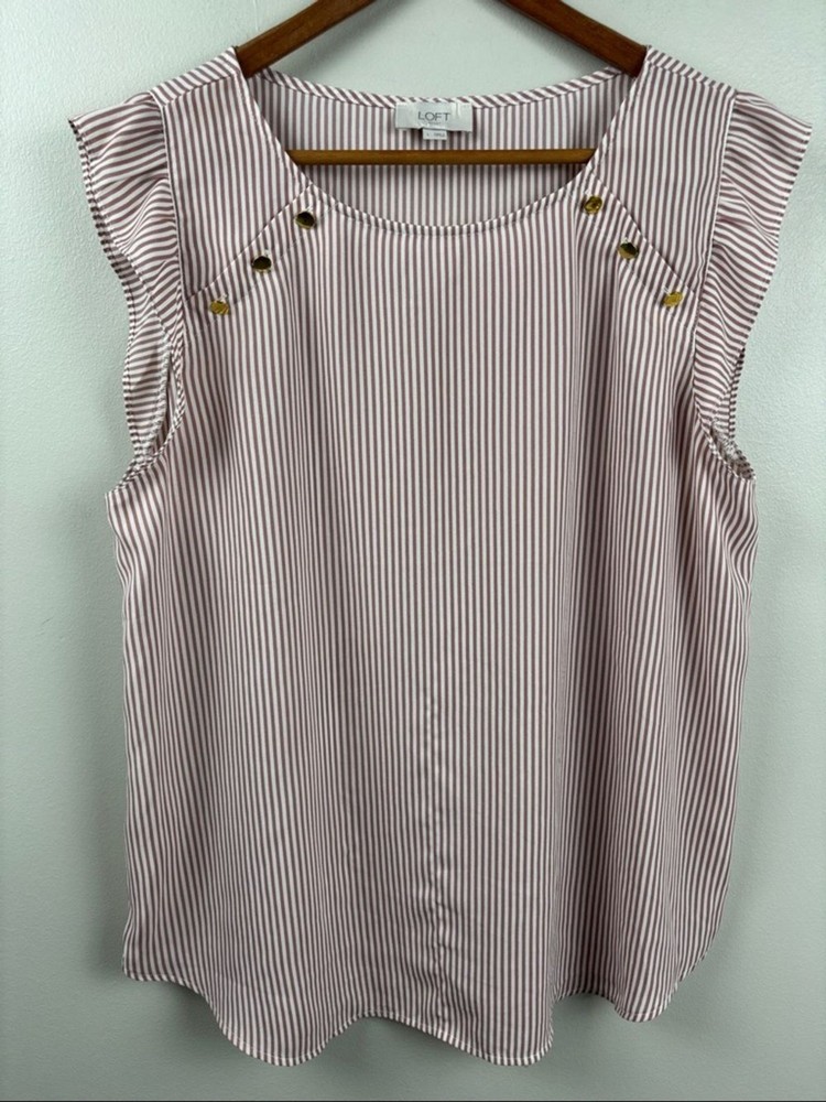 LOFT Pink and White Striped Sleeveless Button-Accent Top. Large. Lightweight
