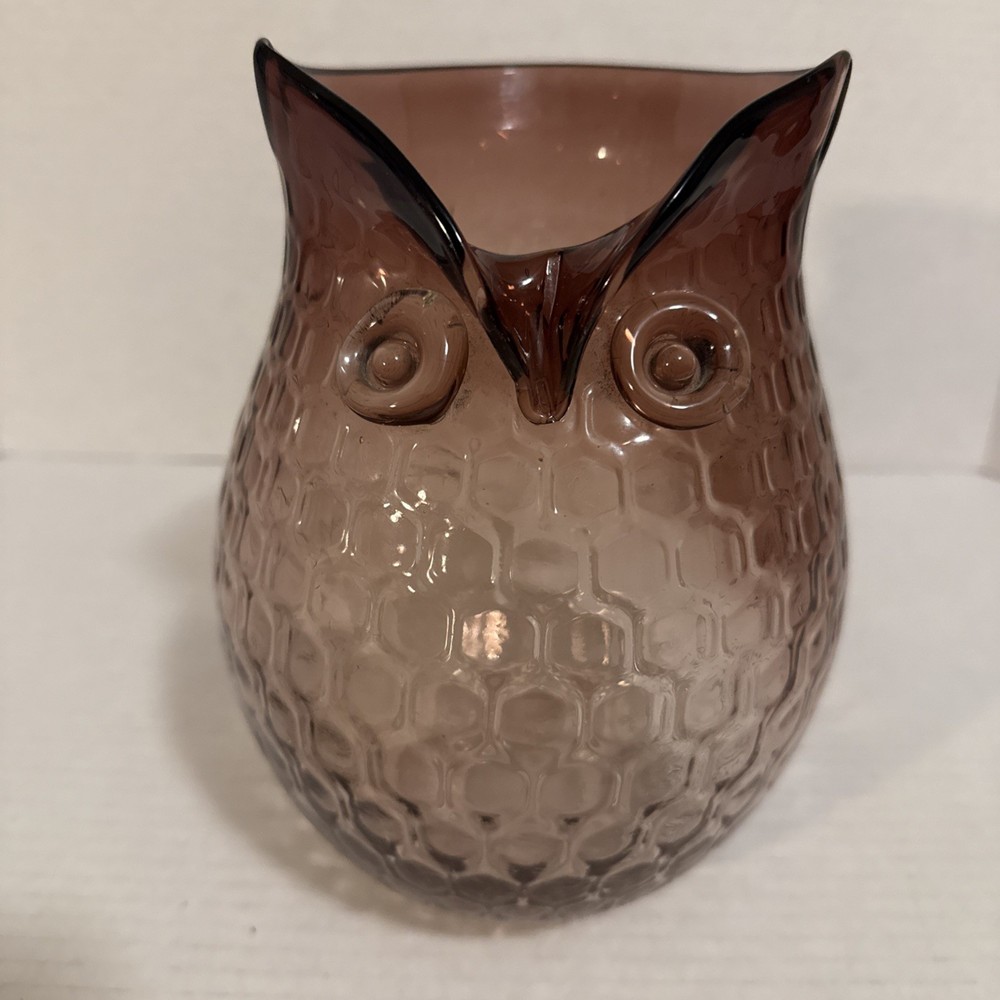 Art Glass OWL Vase Honeycomb Pattern Amethyst Purple Vintage MCM Design 8