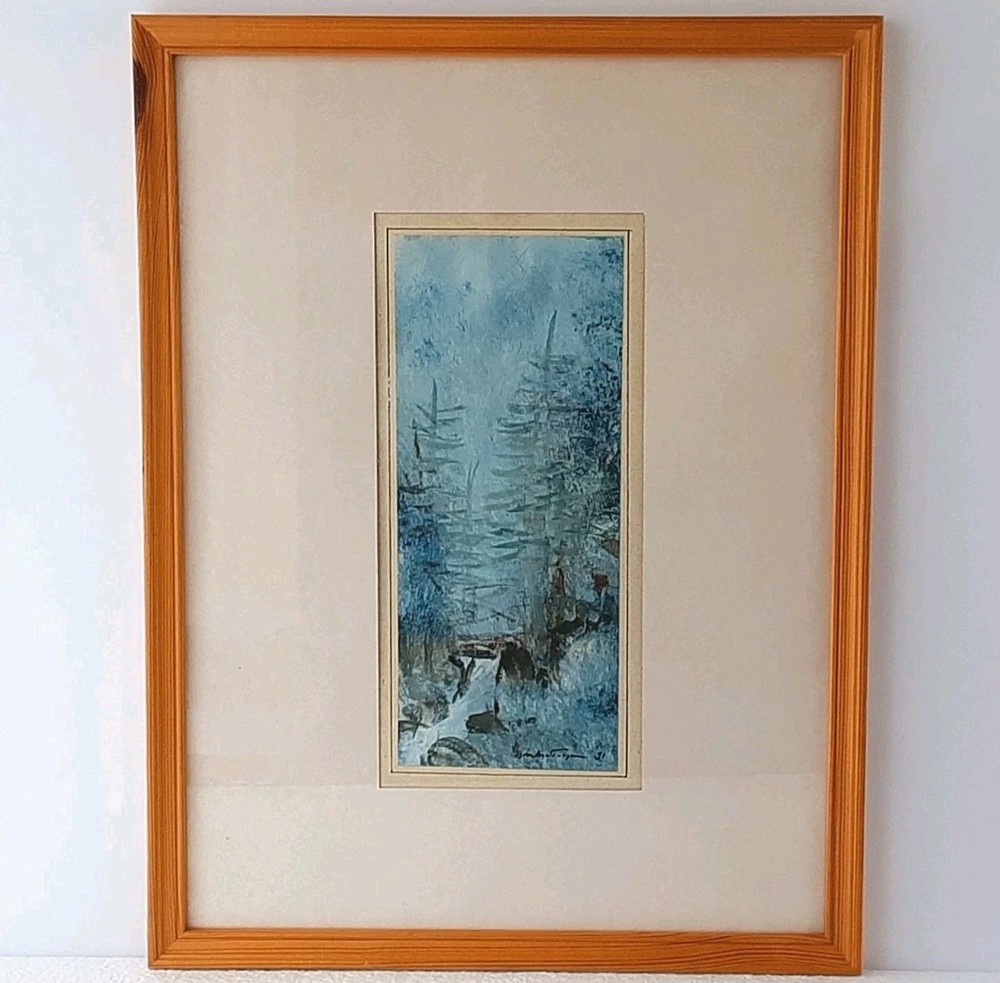 Abstract Watercolor Painting Winter Forest w Waterfall 13x17 framed signed 1991-image