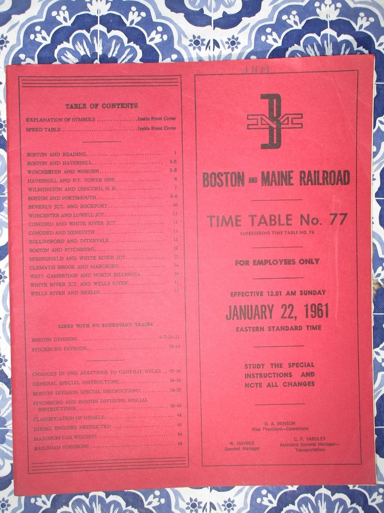 Boston and Maine Railroad Time Table No. 77 For 01-22-1961