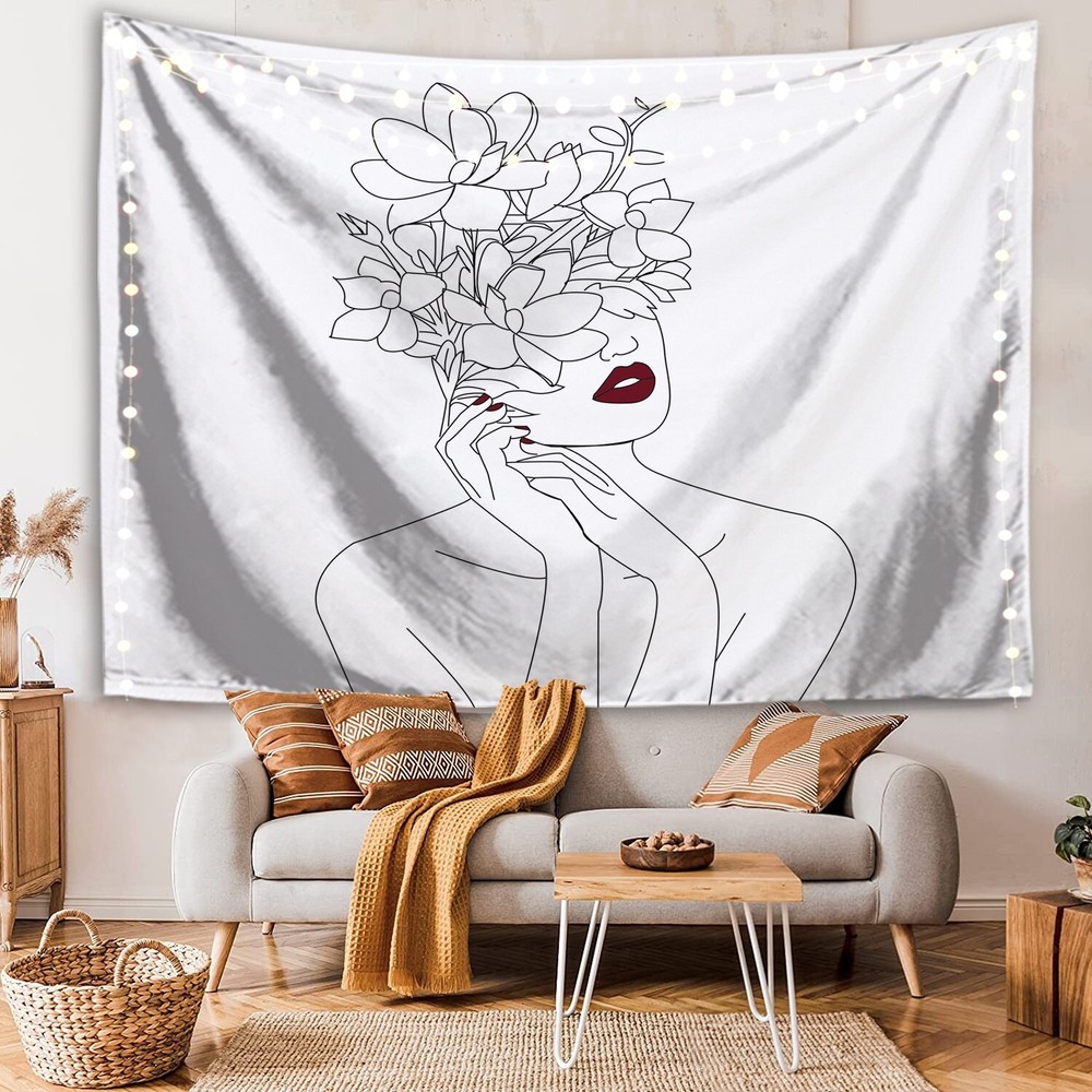Minimalist Floral Line Art Wall Tapestry for Women Room Decor Gift-image