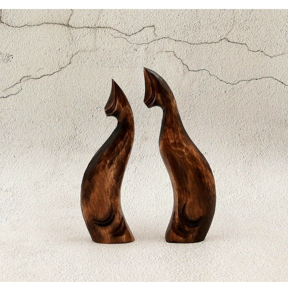 Hand Carved Wooden Figurine Cats Couple Unique Handmade Home Decor
