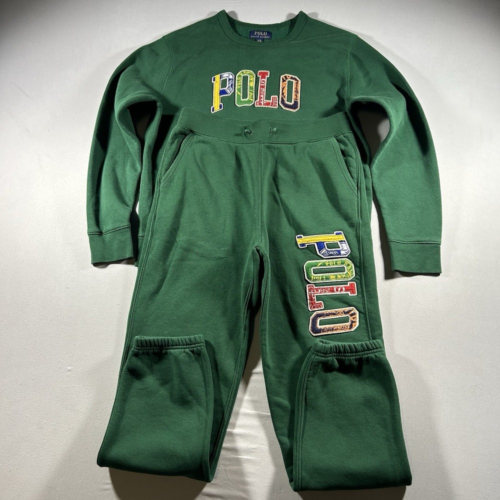 Boys Polo Ralph Lauren Sweatsuit Set Green Logo Crewneck Joggers Large Fleece