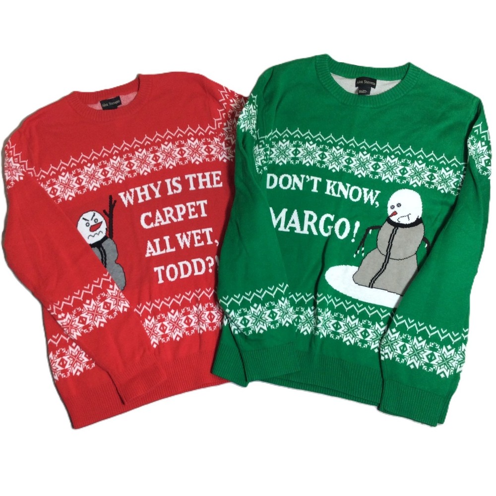 Christmas Vacation Matching Ugly Sweaters Set 'Margo' (Green 2XL) 'Todd' (Red M)