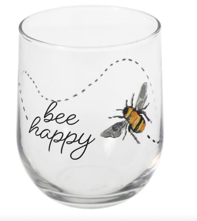 Royal Norfolk Greenbrier 16oz Bee Happy Stemless Wine Glass Summer Seasonal New