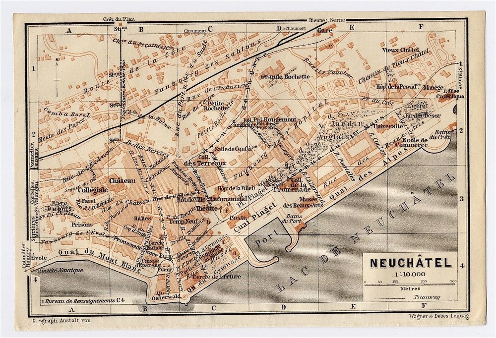 1911 Original Antique City Map Of Neuchatel / Switzerland