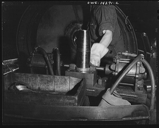 Detroit Michigan 1940s 105mm Shell Casings Manufacture Worker Machine