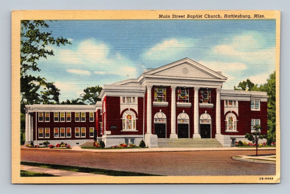 Vintage Main Street Baptist Church Hattiesburg Mississippi Linen Postcard