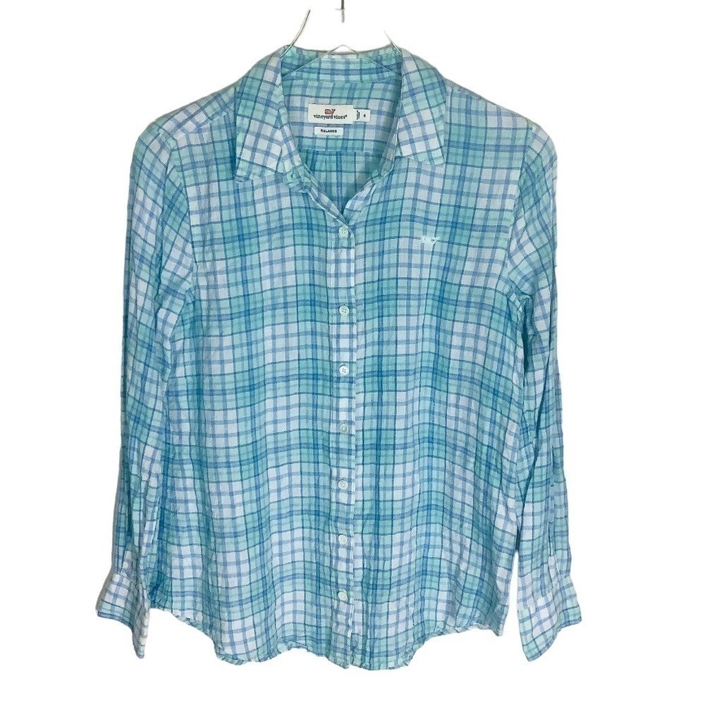 Vineyard Vines Women's Linen Relaxed Checks Button Down Shirt Size 4