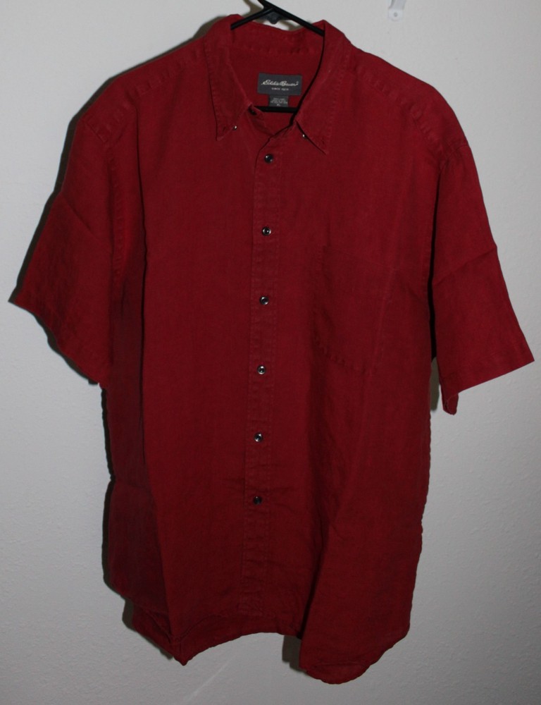 Eddie Bauer*Short Sleeve*Button Front Red 100% Linen Shirt*Regular Fit *Mens XL