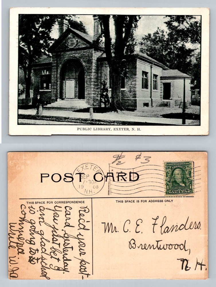Exeter, NH-New Hampshire, Public Library Archway Entrance Vintage c1908 Postcard