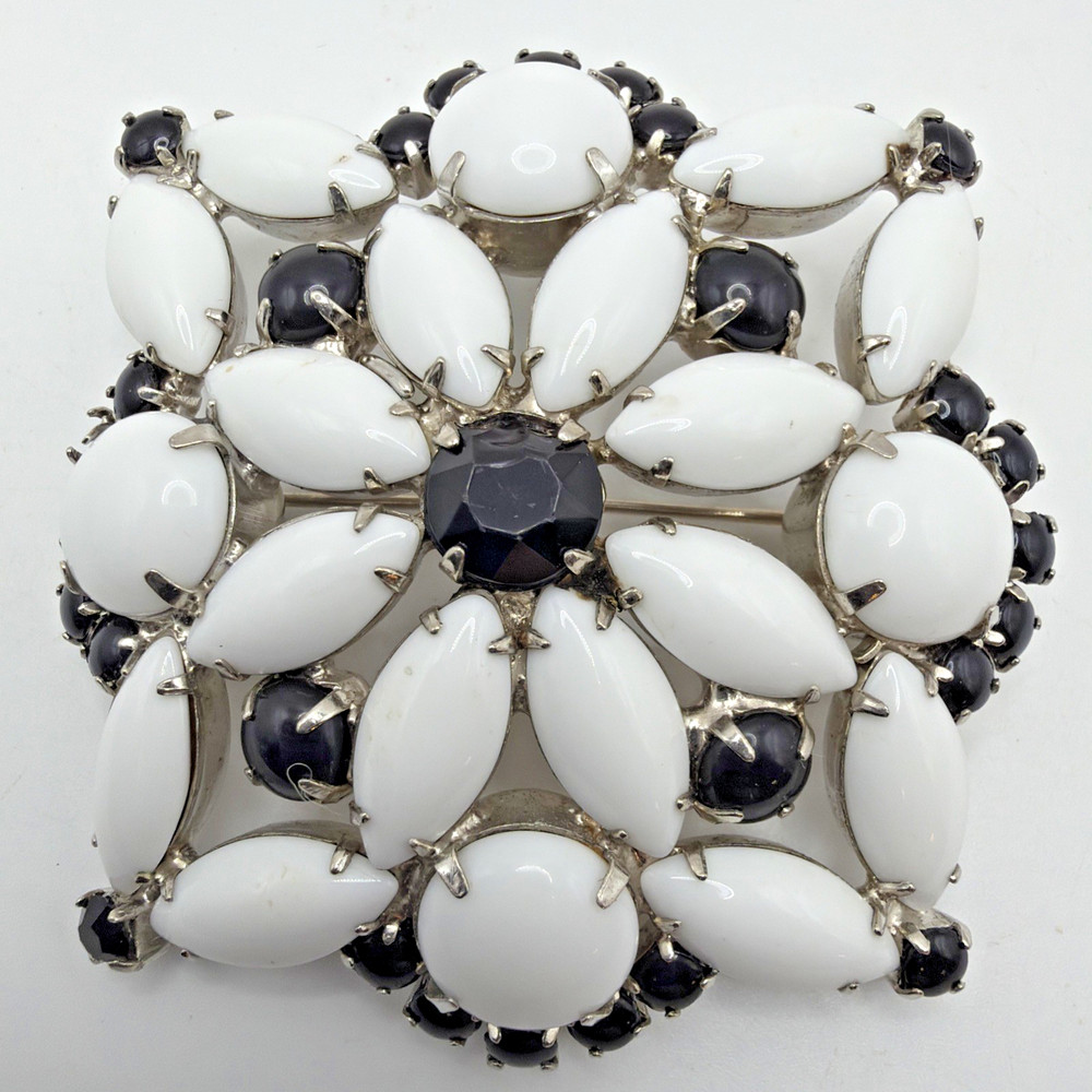 Vintage Brooch Milk Glass & Jet Black Rhinestones Silver Toned