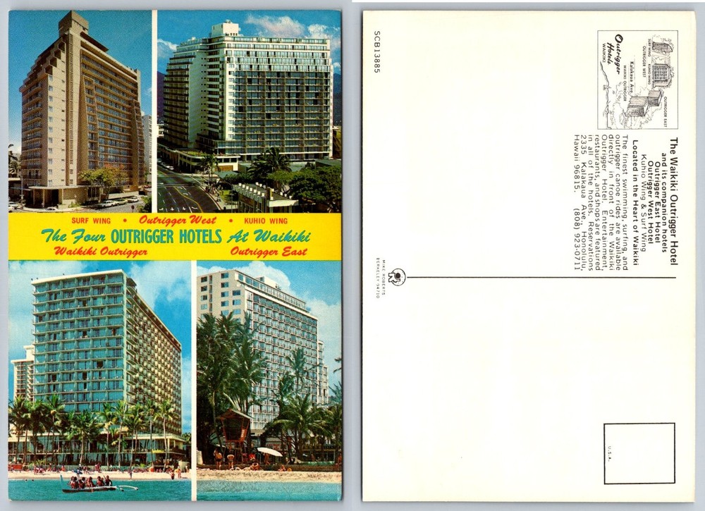 Vintage Outrigger Hotels Waikiki Hawaii Postcard Mike Roberts SCB 13885