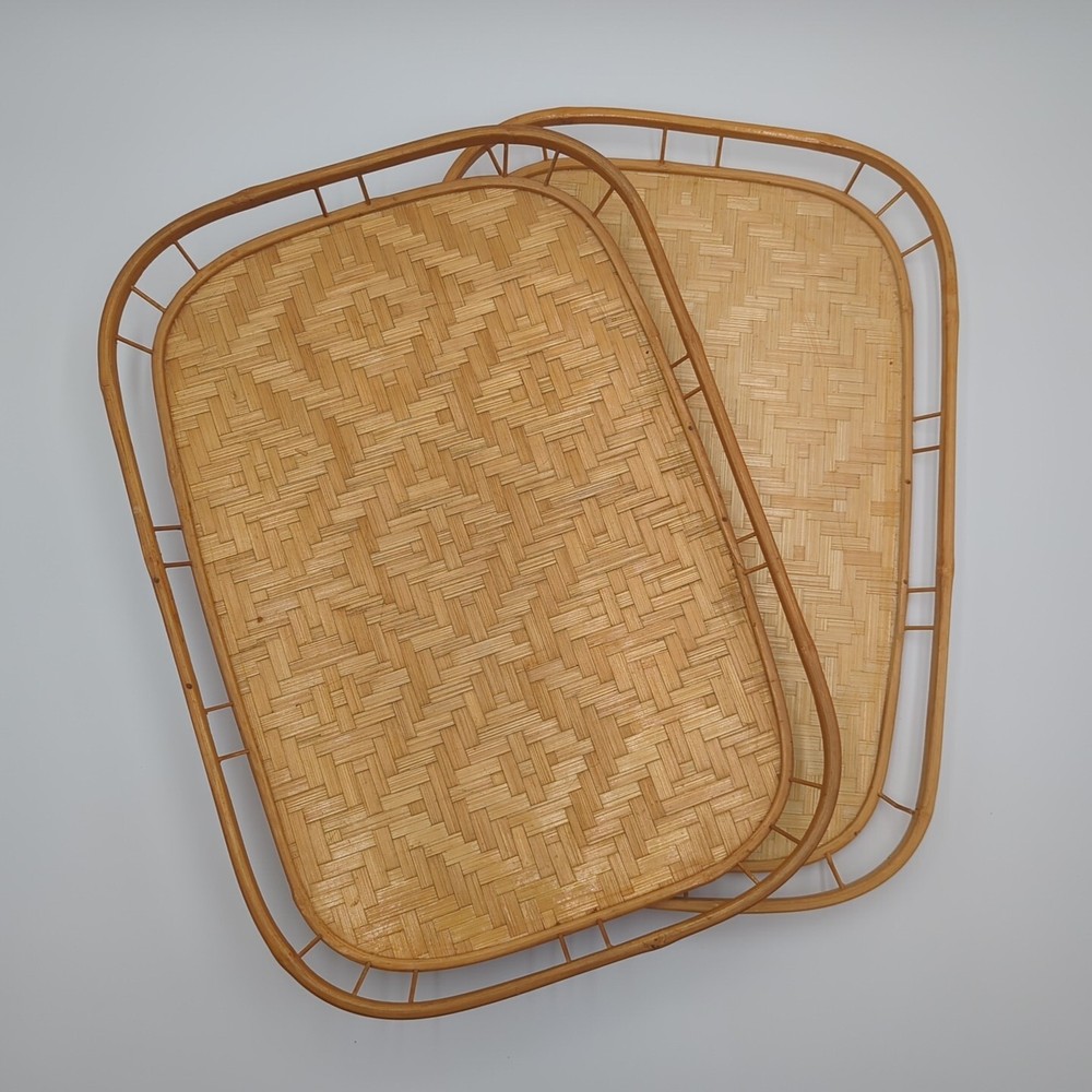Set of 2 Vintage Wicker Rattan Bamboo Serving Trays Tiki Style MCM