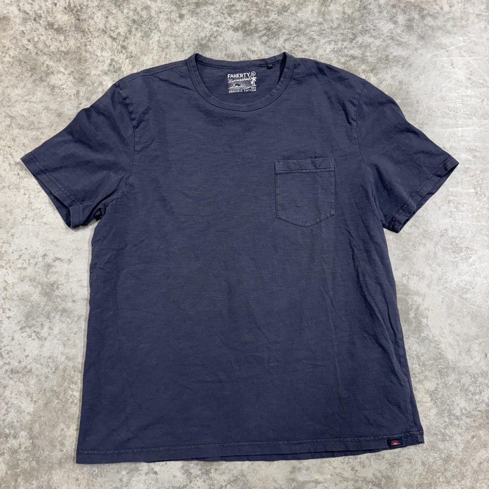 Faherty Sunwashed Shirt Mens XL Blue Pocket Tee Organic Cotton Crewneck Casual