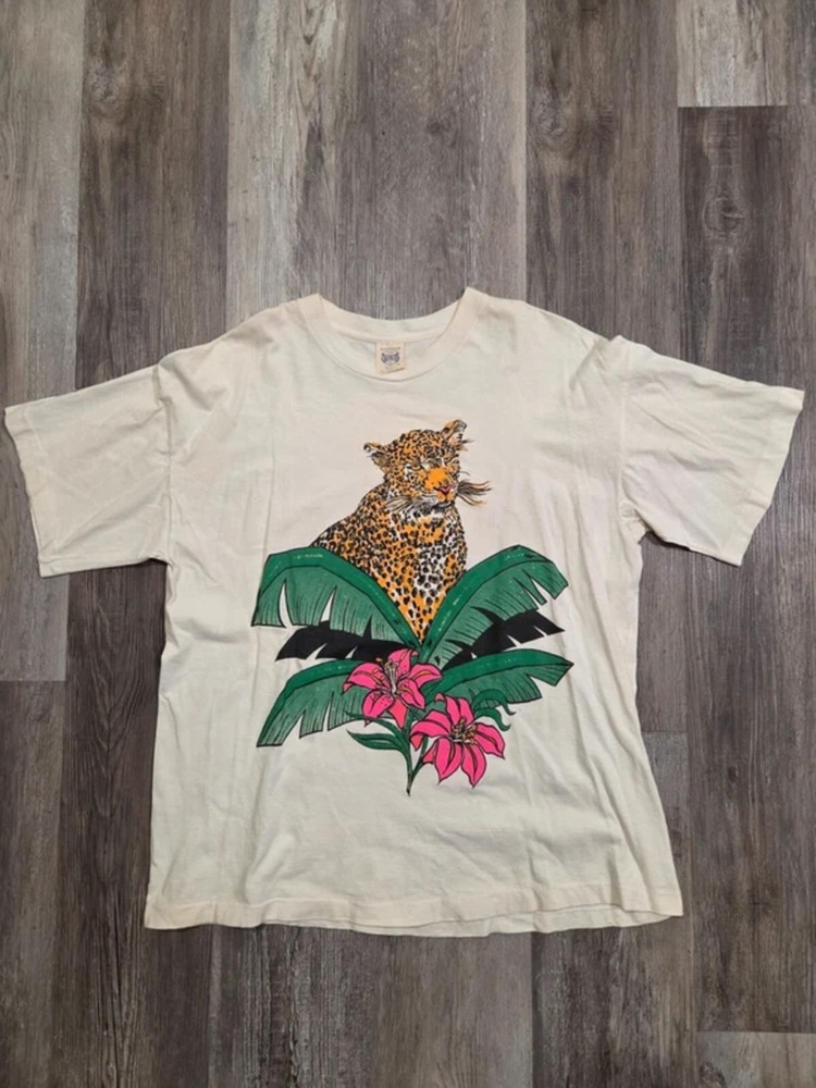 Vintage VTG Evans Cheetah Floral Graphic Print T-Shirt 100% Cotton Size XL