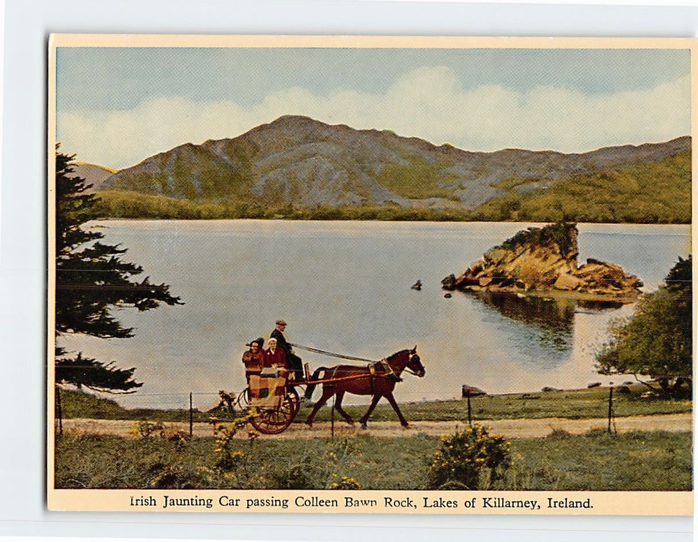Postcard Irish Jaunting Car passing Colleen Bawn Rock Lakes of Killarney Ireland