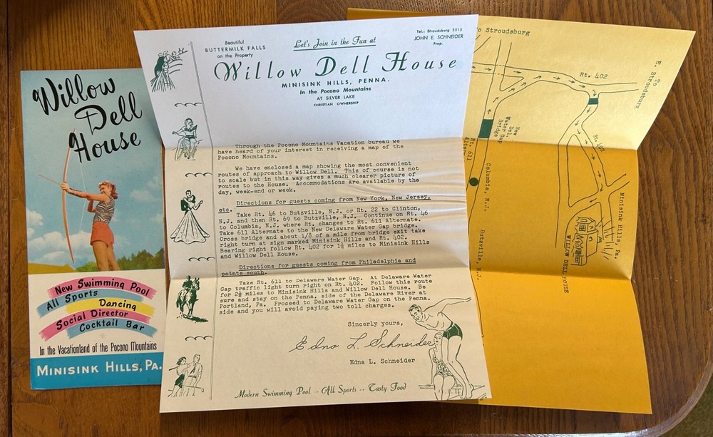 Vintage 1950’s Willow Dell House Brochure Package Minisink PA Pocono Mountains