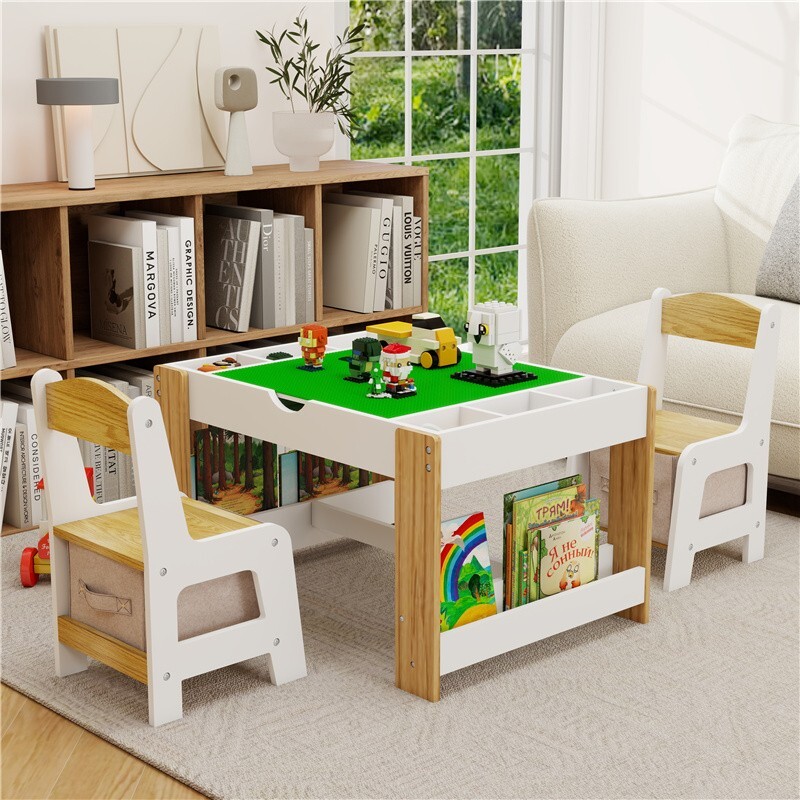 2-in-1 Kids Play Table & Chairs Set with Storage and LEGO-Compatible Building Blocks