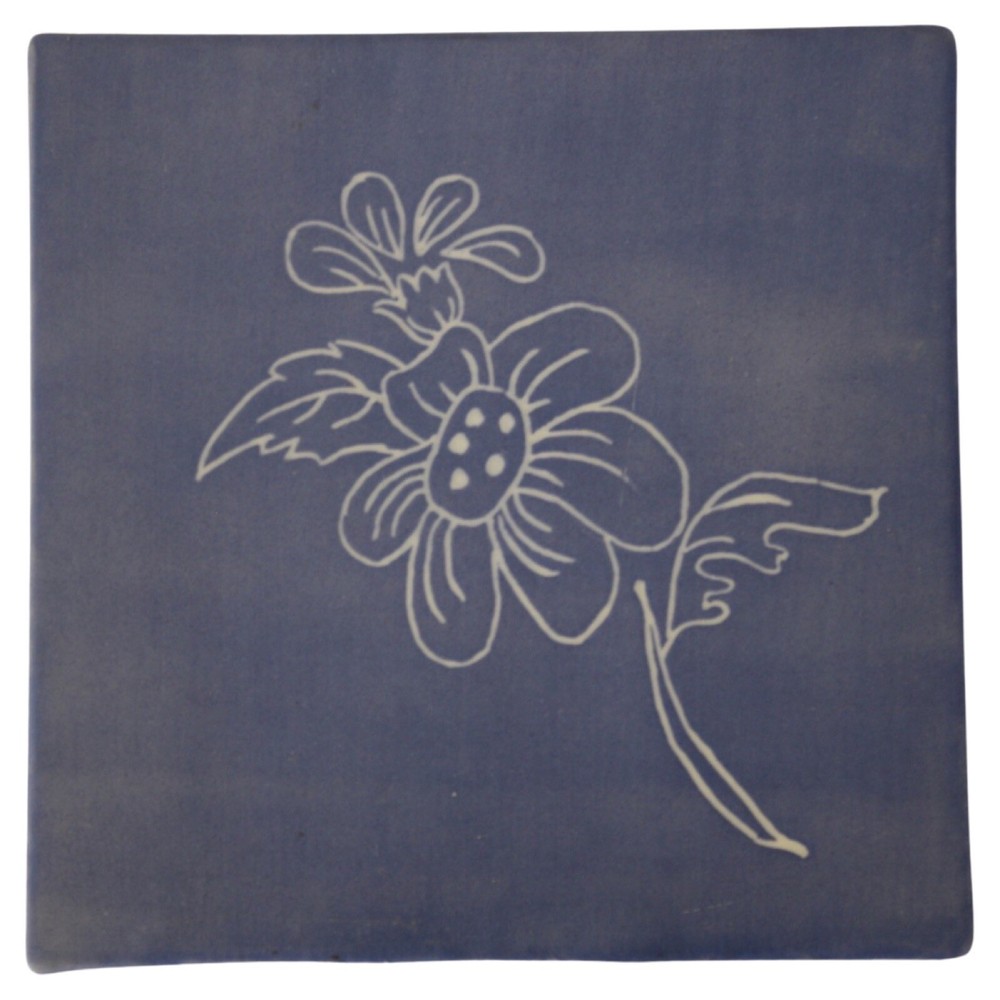 Signed Handmade Blue Ceramic Pottery Porcelain Floral Square 6 in Tile Trivet