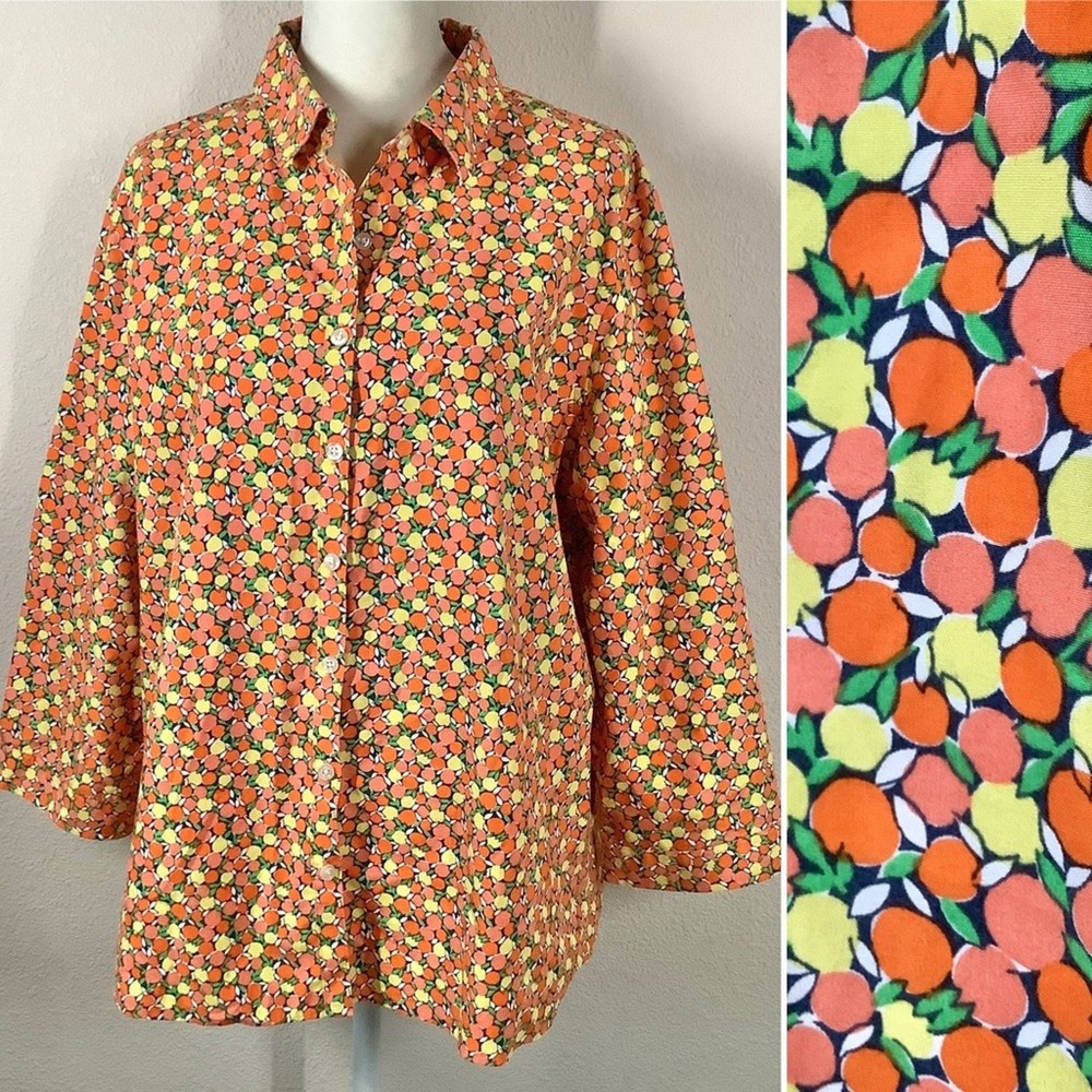 LANDS END No-Iron Womens Button Shirt Citrus Floral Print Spring Vacation Size 16