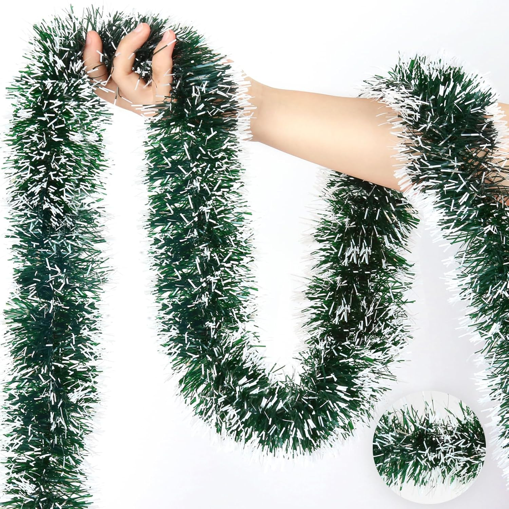 50Ft Christmas Tinsel Garland Decorations, Green Metallic Twist Garland for Chri