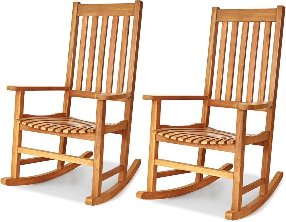 Acacia Wood Porch Rocking Chair Set with High Back Support-image