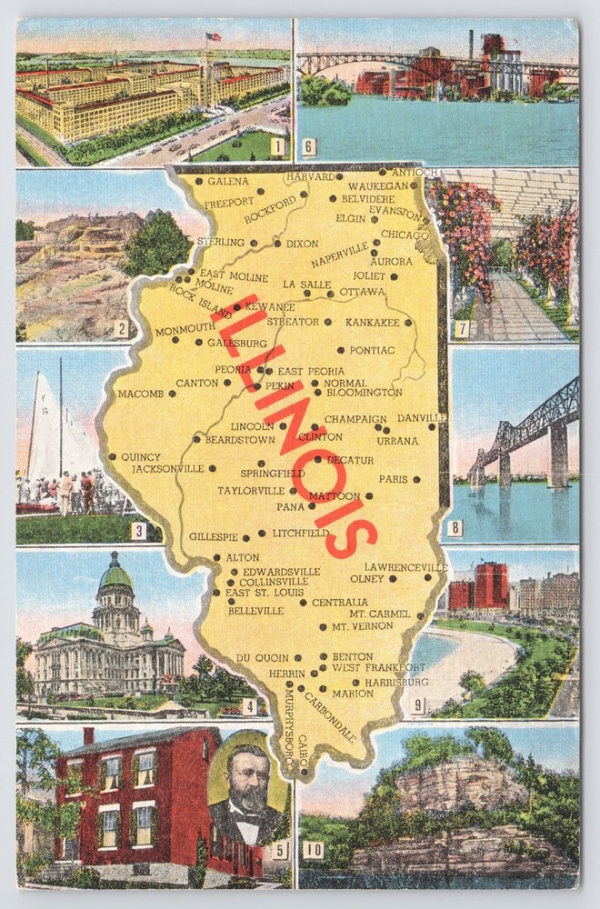Illinois State Map~10 State Views~Key To Views On Back~Vintage Linen Postcard