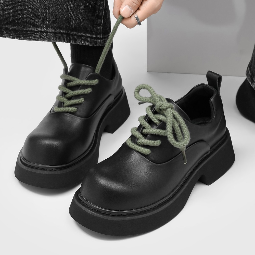 British Men's Shoes Chunky Heels Round Toe Leather Workwear Casual Lace Up Shoes