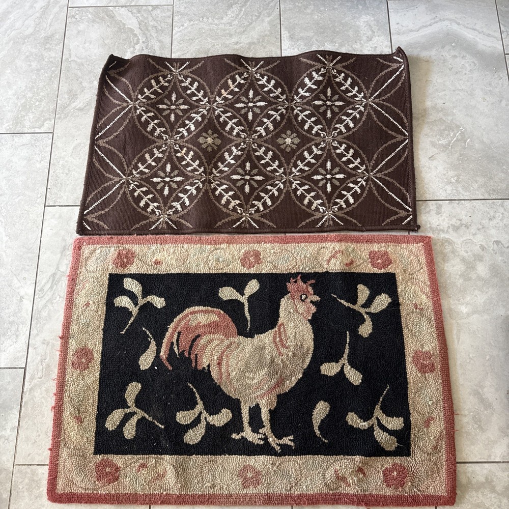 2 Rugs 1 Large Rooster Rug ~ 34”x 23 Wool & Cotton Hand Made 1 Brown Mat