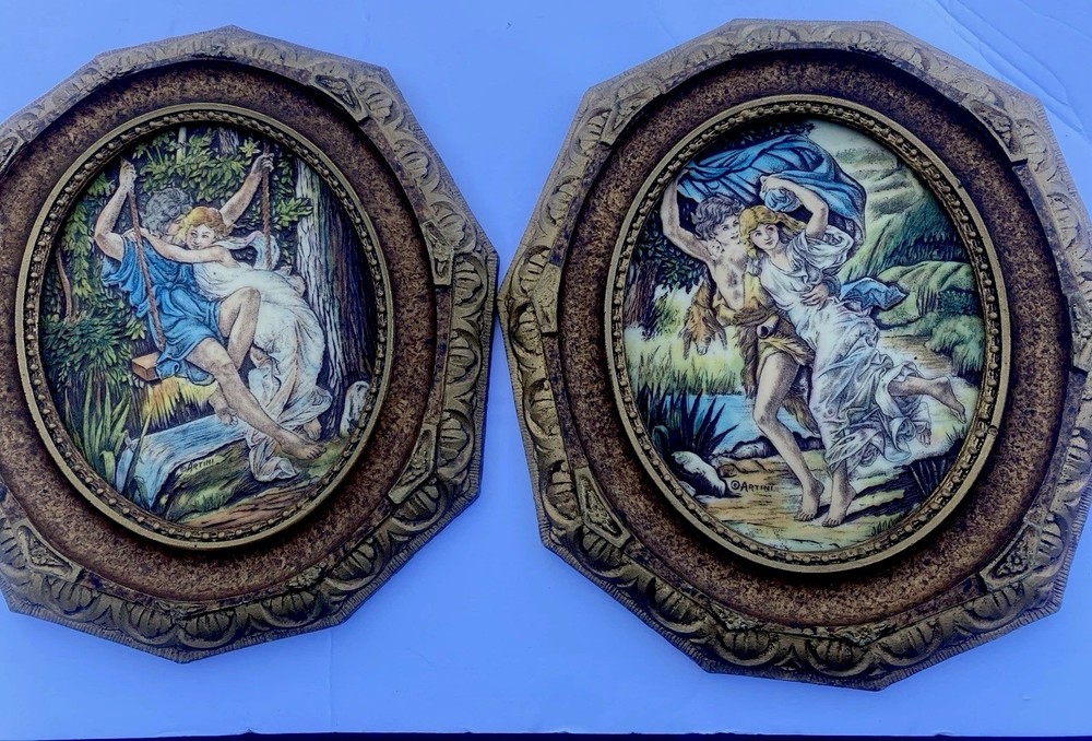 Vintage ARTINI Sculptured Etched Hand Painted Engraving Framed Art 4D