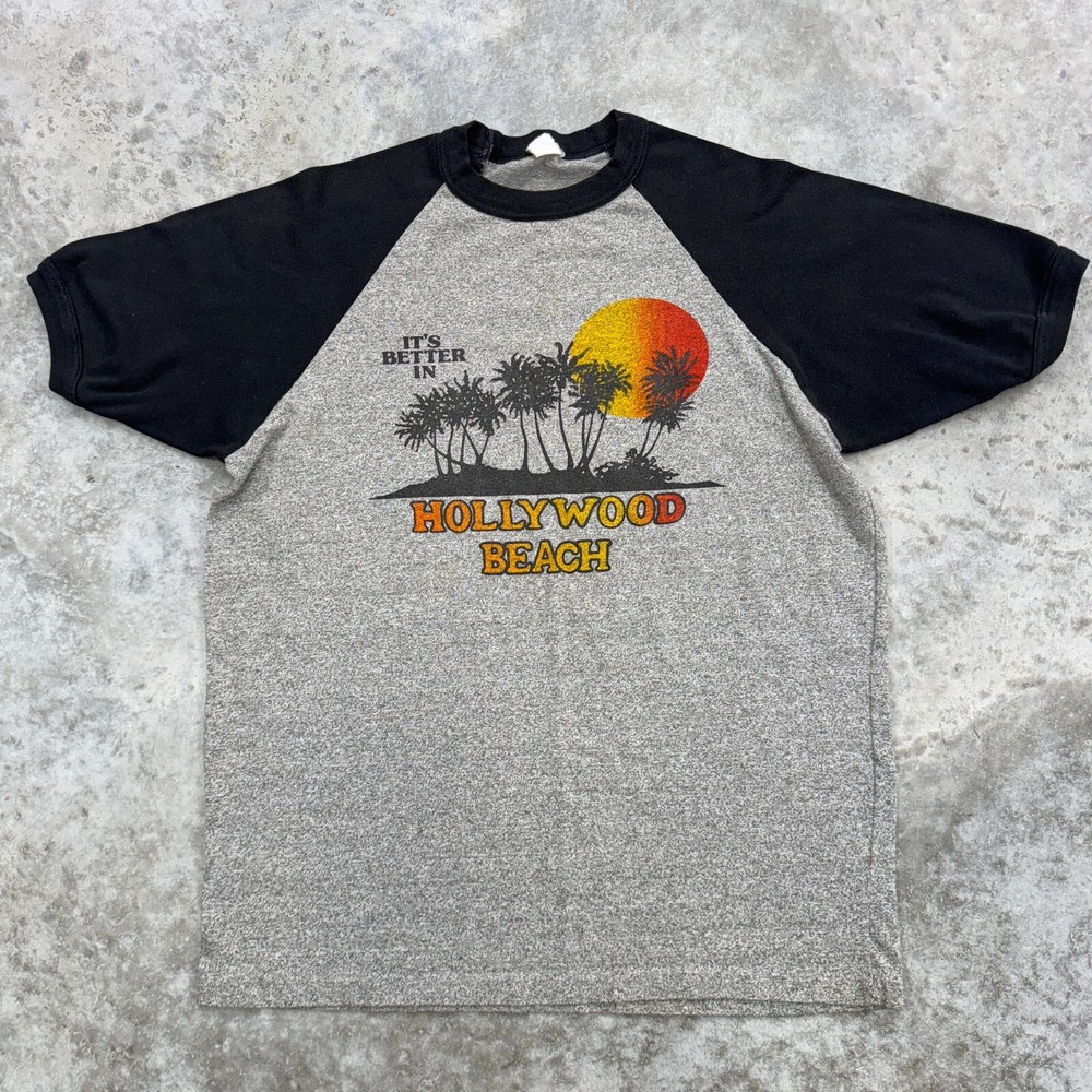 Vintage Hollywood Shirt Mens Medium 70s Raglan California Beach Sunset tourist
