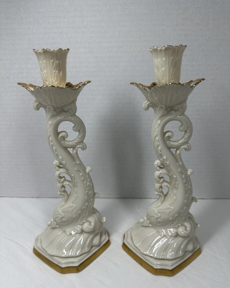 Pair Vintage Lenox Dolphin Tall Candle Holder With 24 K Gold Trim 10”