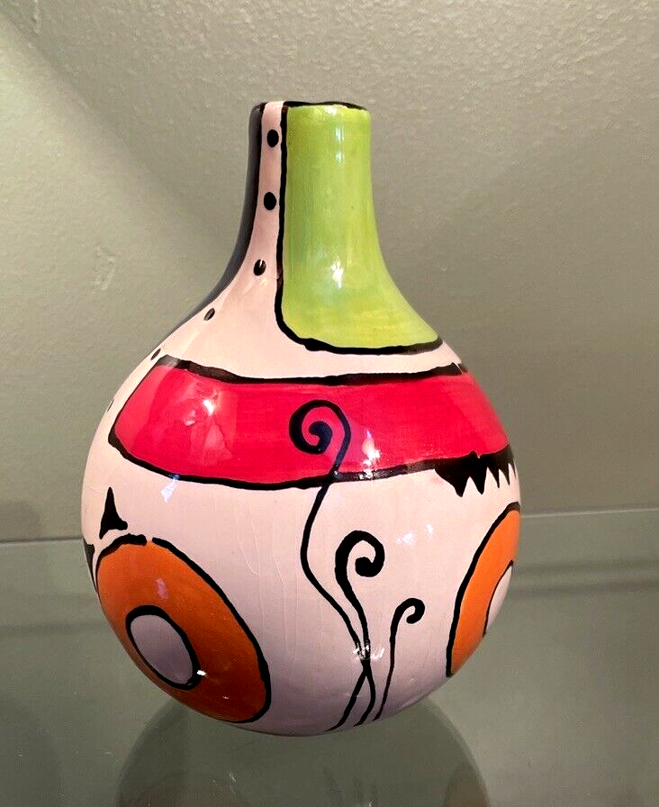 Abstract Modern Art Ceramic Vase Hand Painted Costa Rica 6.5” Artist Signed