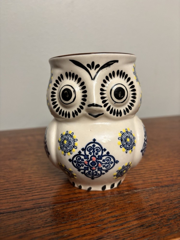 Royal Owl 3D Coffee Mug -Tea Cup Shaped Mug Whimsical Blue Yellow Embossed Dots.