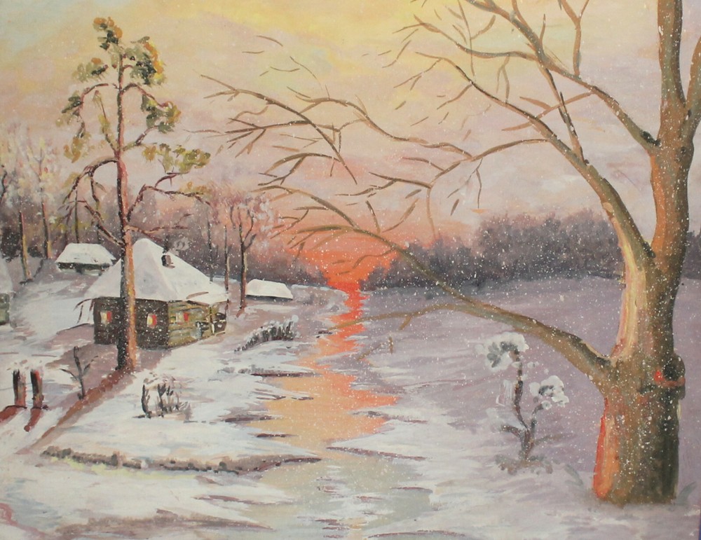 Vintage impressionist gouache painting witner river landscape huts