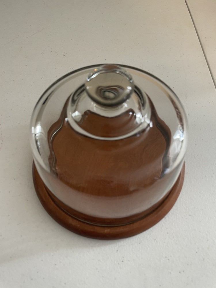 Dolphin Teak Wood Cheese Board Tray with Glass Dome Cloche Lid - MCM
