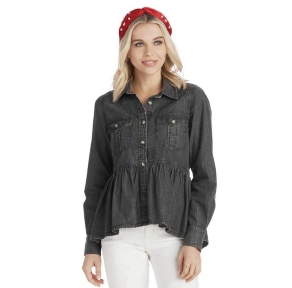 Mud Pie Women's Hayden Peplum Top Black Denim Size Medium Baby Doll High Low