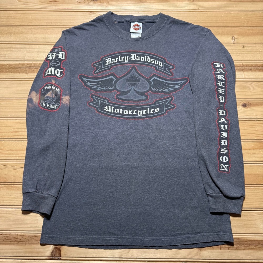 Vintage Y2K Harley Davidson Spade Wings Long Sleeve Biker Shirt - Size Medium