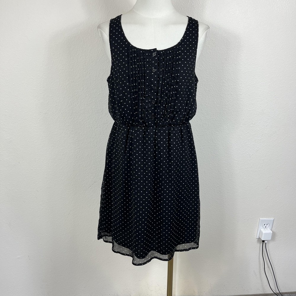 Anthropologie Pins and Needles Dress Womens Medium Black Polka Dot Chiffon Retro