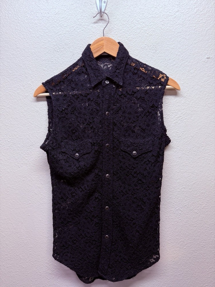 Toga Archives Black Lace Sleeveless Button Down Top Sheer Designer Shirt