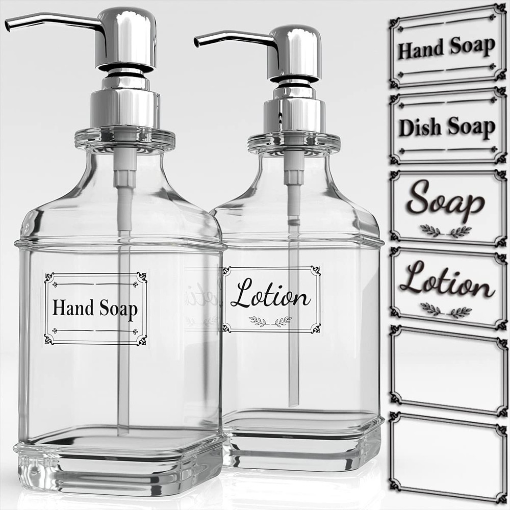 Soap Dispenser 18 Oz Antique Design Thick Glass Stainless Steel Pump 2 Pack