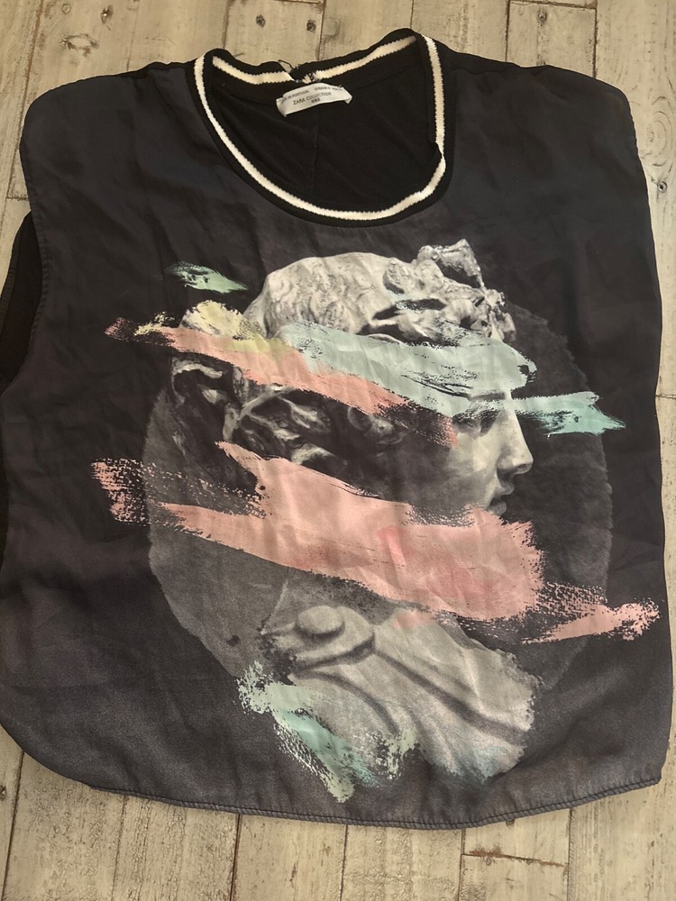 ZARA Collection Sleeveless Tank Top S | Abstract Statue Graphic Print Black-image