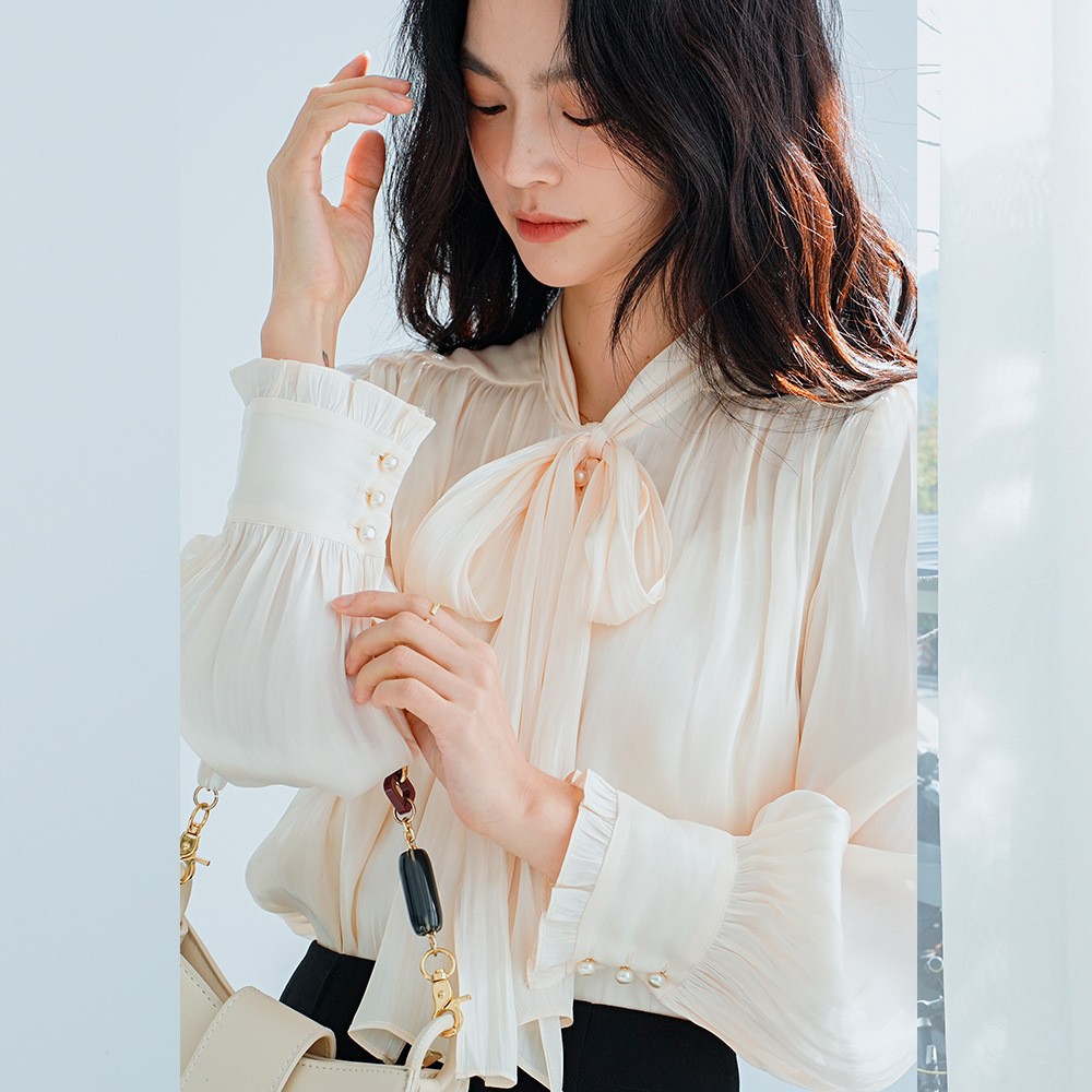 Women's Blouse New French Elegant Belt Elegant Lace Casual Long Sleeve Shirt Top