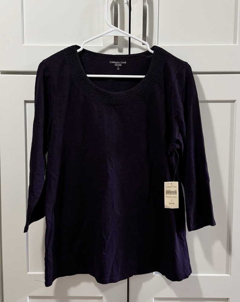 Coldwater Creek Embroidery Slub Tee Dark Purple Plum Women’s Large NWT