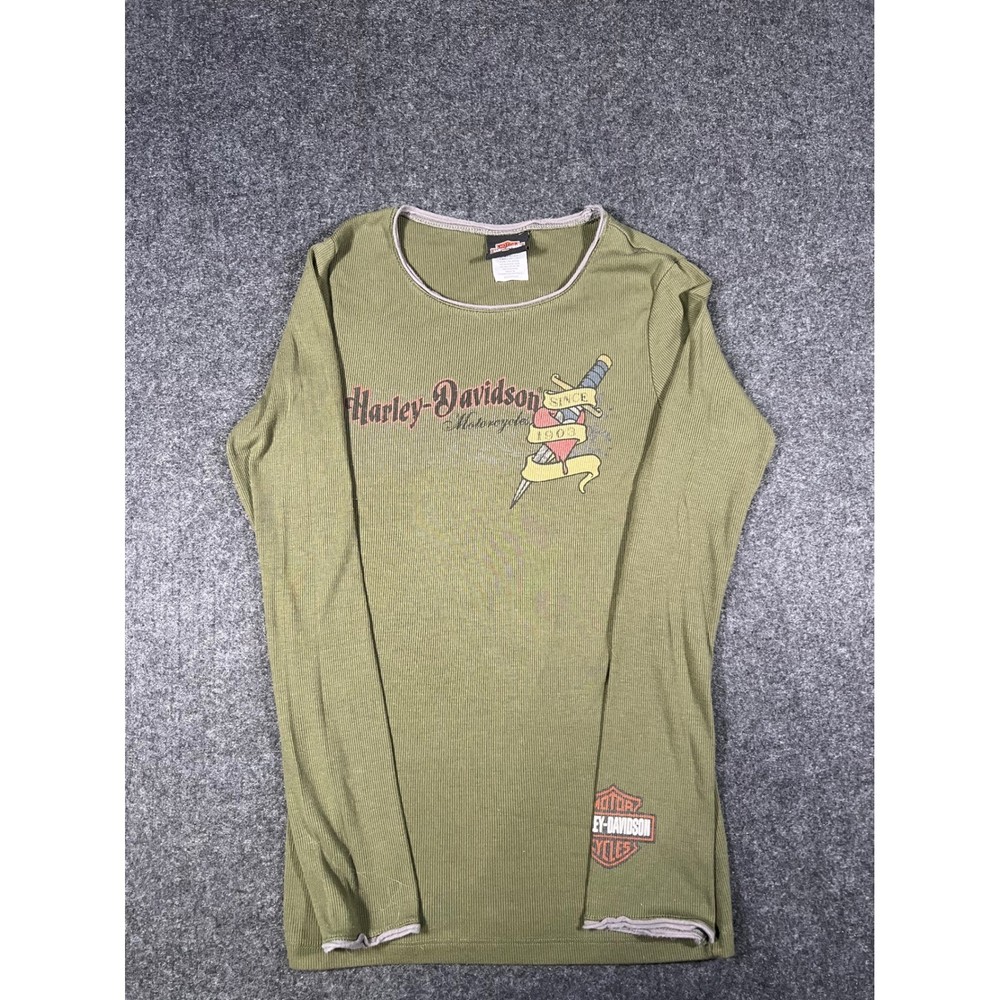 Harley-Davidson Womens Olive Green Ribbed Long Sleeve Graphic Thermal Top Medium