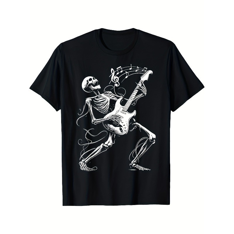 Men'S Rock Band Skeleton Guitarist Graphic T-Shirt - Black & White Music Tee
