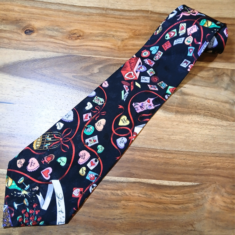 Nicole Miller Valentines Day Silk Tie Cupid Hearts Champagne Love Print 59